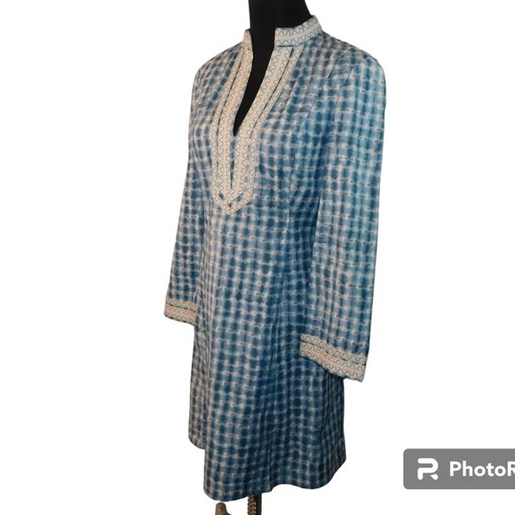 Tory Burch Blue Sonda Tie-Dye Stretch Tunic Mini Dress Size 2 Tunic Caftan Boho - Picture 10 of 13